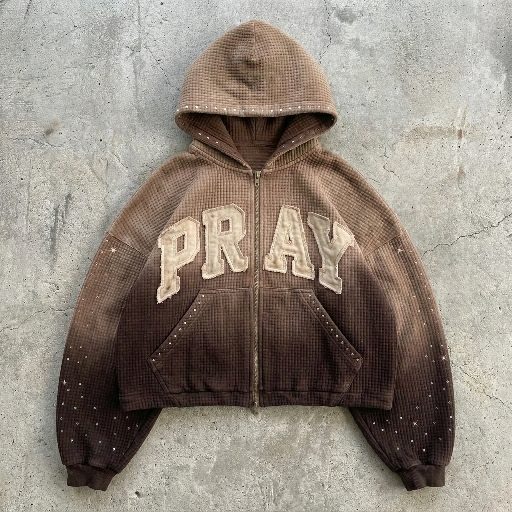 Pray - Waffle Rhinestone Zip Hoodie